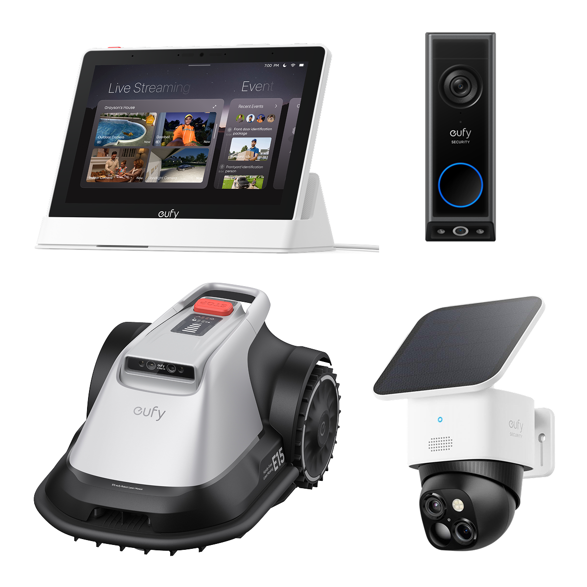 SoloCam S340 met Video Doorbell E340 met Smart Display E10 met eufy Robotgrasmaaier E15