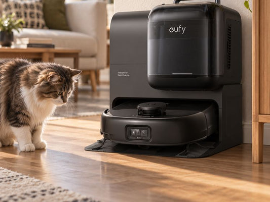 Kat naast schoonmaakstation in woonkamer