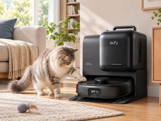 Kat speelt naast een robotstofzuiger