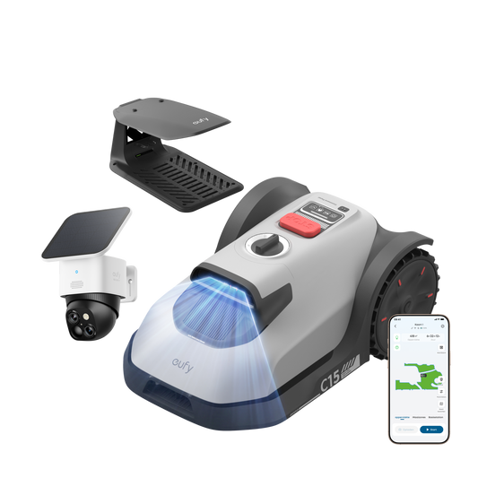 eufy Robotgrasmaaier C15 met Regenkap met SoloCam S340 2K PTZ Camera